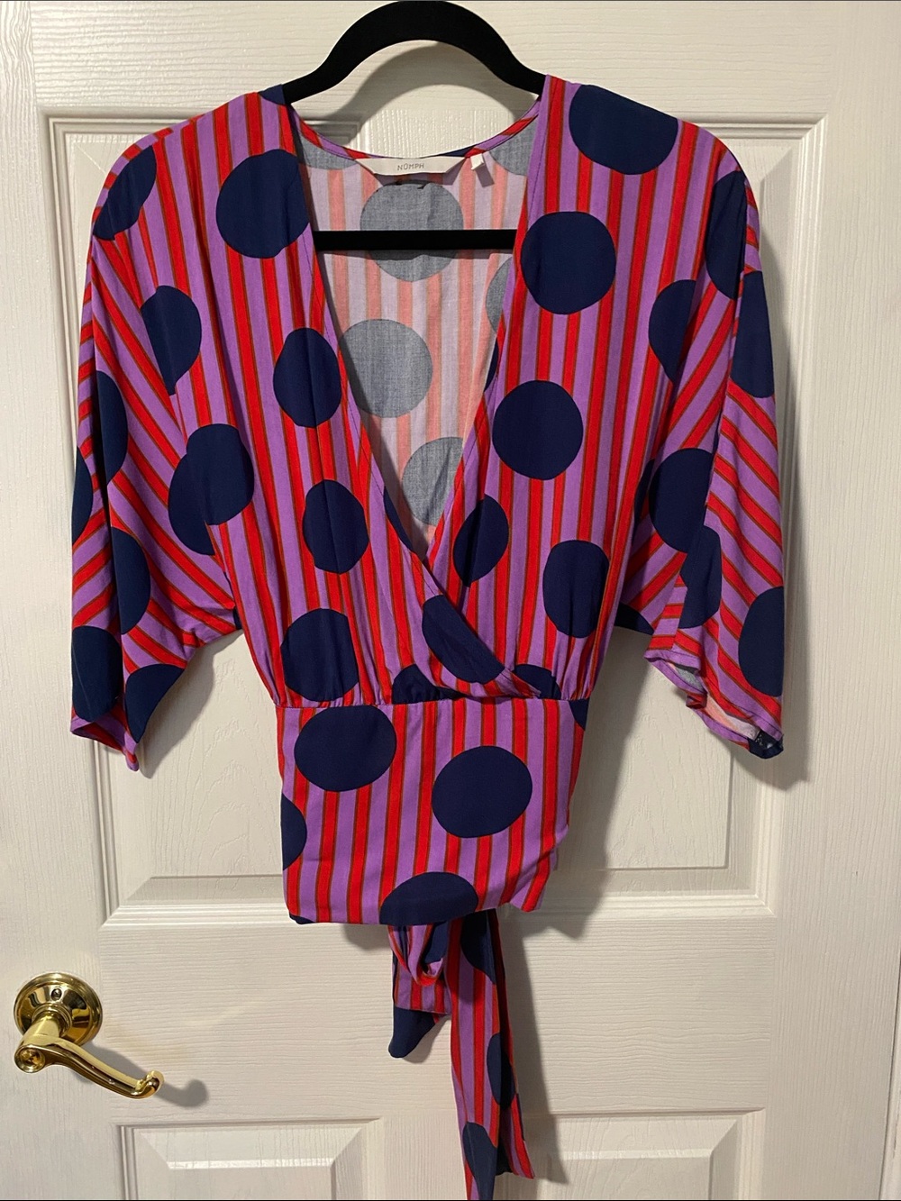 Nymph Pink & Red Striped with Navy Polka Dot Wrap Blouse Size S